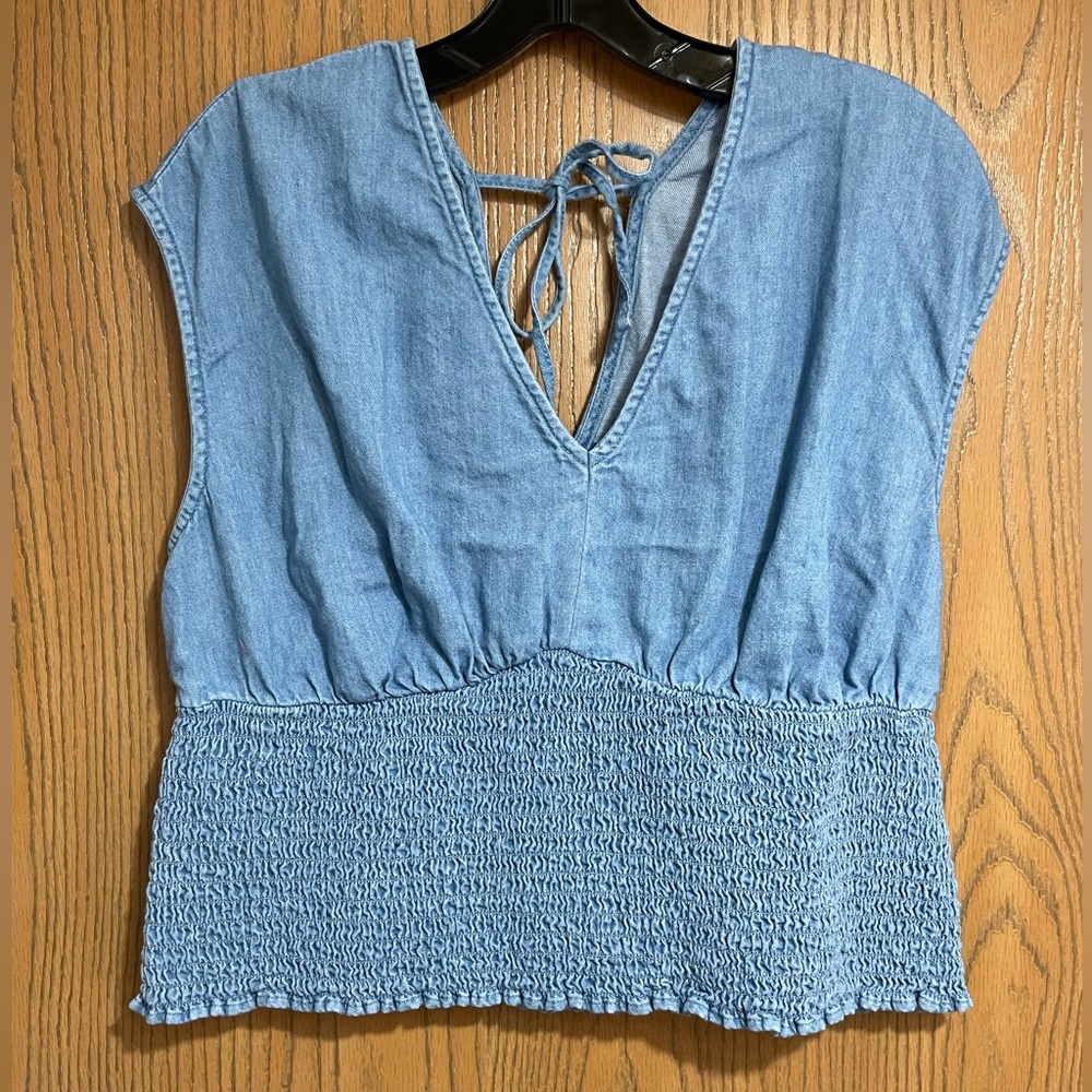 EUC Blue Denim Blouse with Tie-Back and Smocking